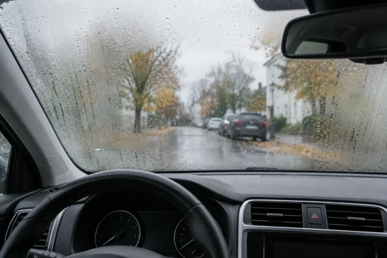 Dugg på innsiden av frontruten på en regnværsdag