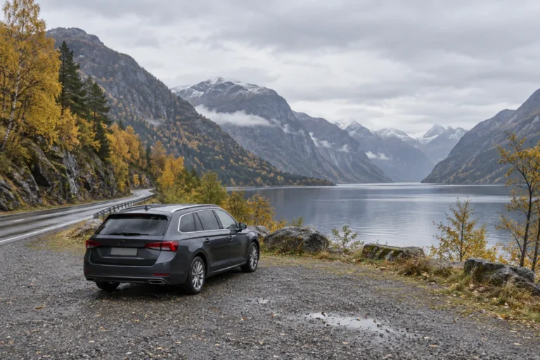 Bil ved en norsk fjord om høsten