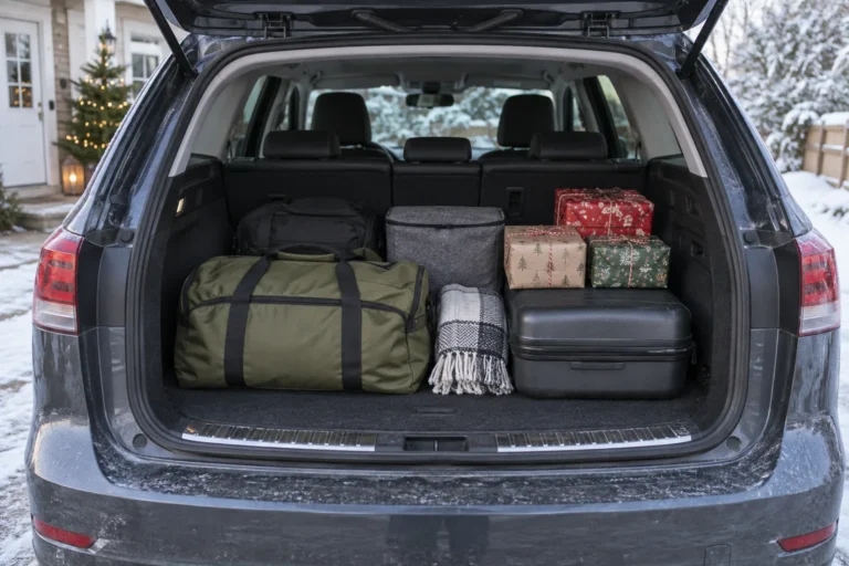 Reisebagasje og julegaver pakket lavt i bagasjerommet